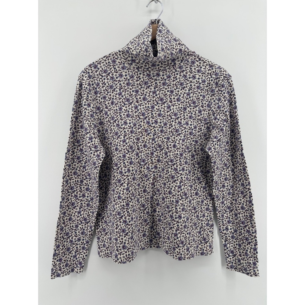 L.L.Bean Top Womens White Purple Floral Cotton Turtleneck Long Sleeve Large